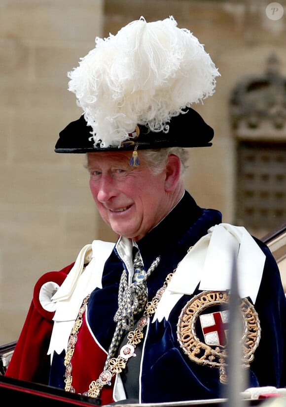 Le prince Charles, prince de Galles, lors de la cérémonie annuelle de l'Ordre de la Jarretière (Garter Service) au château de Windsor. Le très noble ordre de la Jarretière (Most Noble Order of the Garter) est le plus élevé des ordres de chevalerie britanniques créé par le roi Edouard III. L'ordre inclut aussi des membres supplémentaires de la famille royale ou des souverains étrangers, appelés "chevaliers et dames surnuméraires". Cette année, la reine Elizabeth II d'Angleterre a installé deux nouveaux chevaliers dans l'Ordre de la Jarretière, le roi Felipe VI d'Espagne et le roi Willem-Alexander des Pays-Bas. Windsor, le 17 juin 2019.