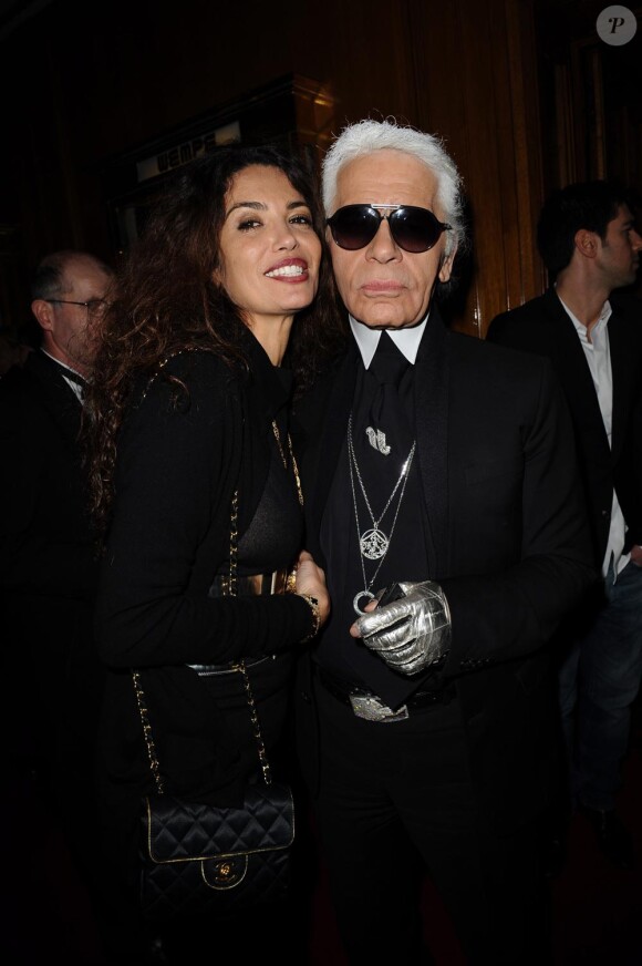 Afef Jnifen et Karl Lagerfeld à la soirée Vogue à l'Hôtel de Crillon à Paris. Le 4 mars 2010