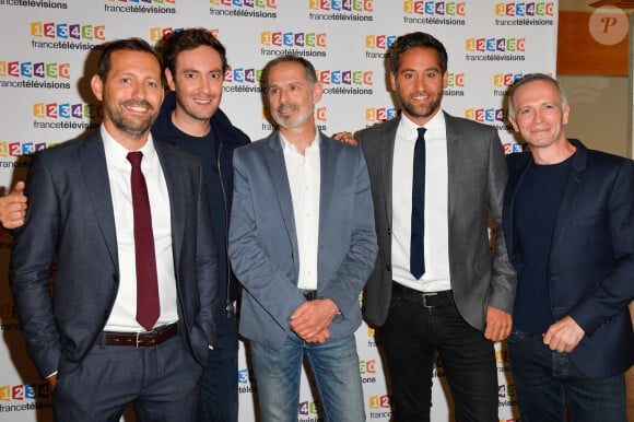 Adrien Rohard, Gilles Bornstein, Julien Benedetto, Samuel Etienne lors du photocall de la présentation de la nouvelle dynamique 2017-2018 de France Télévisions. Paris, le 5 juillet 2017. © Guirec Coadic/Bestimage 