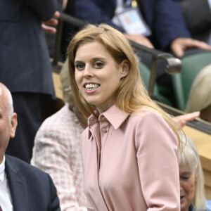 Royal Box : La princesse Beatrice d'York et son mari Edoardo Mapelli Mozzi, dans les tribunes du tournoi de Wimbledon 2023 à Londres, le 14 juillet 2023.