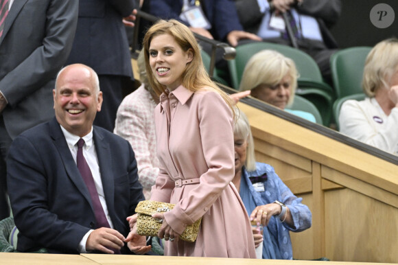 Royal Box : La princesse Beatrice d'York et son mari Edoardo Mapelli Mozzi, dans les tribunes du tournoi de Wimbledon 2023 à Londres, le 14 juillet 2023.