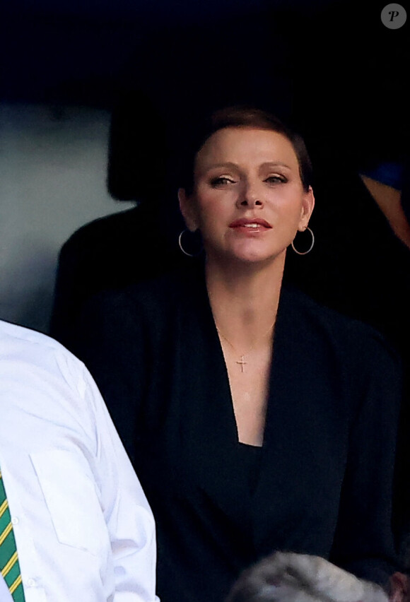 La princesse Charlene de Monaco dans les tribunes lors du match de rugby entre l'Afrique du Sud et l'Écosse (18-3) au stade Vélodrome à Marseille le 10 septembre 2023. © Dominique Jacovides / Bestimage 