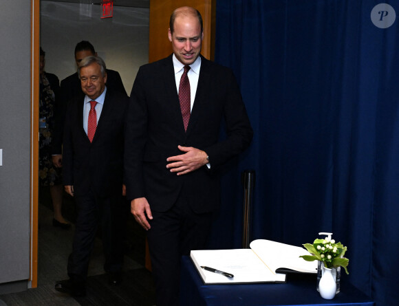 Le prince William, prince de Galles, en compagnie d'Antonio Guterres, Secrétaire Général de l'ONU, à l'assemblée générale des Nations Unies à New York pour la visite de deux jours du prince. New York, le 18 septembre 2023