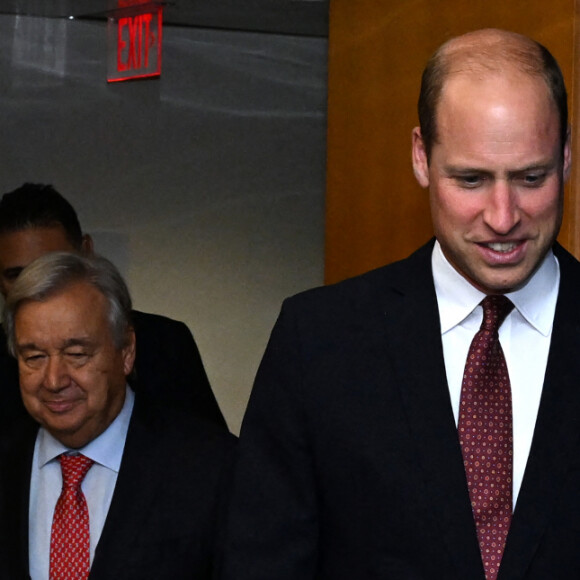 Le prince William, prince de Galles, en compagnie d'Antonio Guterres, Secrétaire Général de l'ONU, à l'assemblée générale des Nations Unies à New York pour la visite de deux jours du prince. New York, le 18 septembre 2023