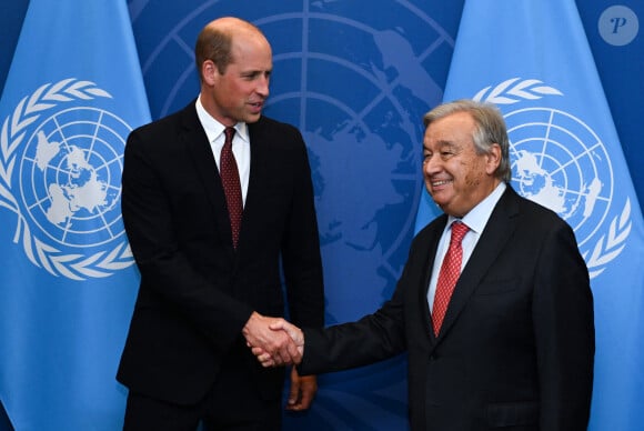 Le prince William, prince de Galles, en compagnie d'Antonio Guterres, Secrétaire Général de l'ONU, à l'assemblée générale des Nations Unies à New York pour la visite de deux jours du prince. New York, le 18 septembre 2023