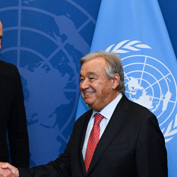 Le prince William, prince de Galles, en compagnie d'Antonio Guterres, Secrétaire Général de l'ONU, à l'assemblée générale des Nations Unies à New York pour la visite de deux jours du prince. New York, le 18 septembre 2023