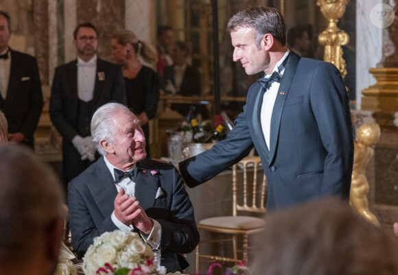 Toast et discours lors du dîner d'Etat au château de Versailles en l'honneur de la visite officielle du roi et de la reine d'Angleterre en France le 20 septembre 2023. © Imago / Panoramic / Bestimage 