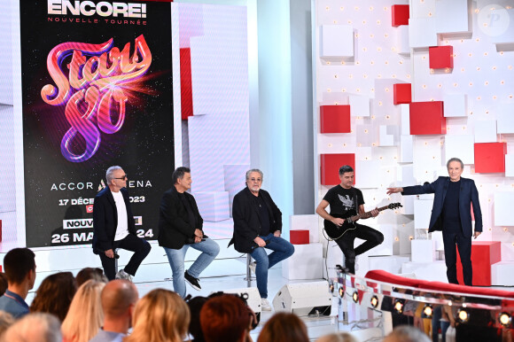 Exclusif - Michel Drucker, Jean Pierre Mader, Phil Barney et Patrick Hernandez - Enregistrement de l'émission "Vivement Dimanche" au Studio Gabriel, présentée par M.Drucker et diffusée sur France 3 le 24 septembre © Guillaume Gaffiot / Bestimage 