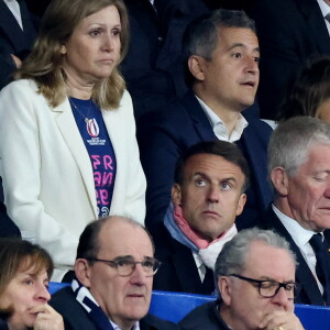 Yaël Braun-Pivet, Gérald Darmanin, Emmanuel Macron, Jean Castex, Richard Ferrand - People des les tribunes de la coupe du Monde de Rugby France 2023 - Match de quart de finale "France-Afrique du Sud (28-29)" au Stade de France à Saint-Denis 15 octobre 2023. © Moreau-Jacovides/Bestimage