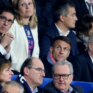 Yaël Braun-Pivet, Emmanuel Macron, Gérald Darmanin, Jean Castex, Richard Ferrand - People des les tribunes de la coupe du Monde de Rugby France 2023 - Match de quart de finale "France-Afrique du Sud (28-29)" au Stade de France à Saint-Denis 15 octobre 2023. © Moreau-Jacovides/Bestimage