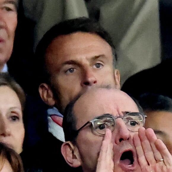 Yaël Braun-Pivet, Emmanuel Macron, Gérald Darmanin, Jean Castex, - People des les tribunes de la coupe du Monde de Rugby France 2023 - Match de quart de finale "France-Afrique du Sud (28-29)" au Stade de France à Saint-Denis 15 octobre 2023. © Moreau-Jacovides/Bestimage