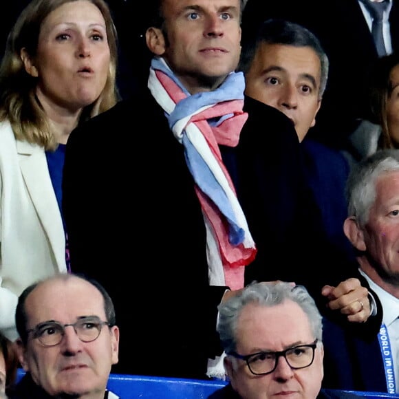 Yaël Braun-Pivet, Emmanuel Macron, Gérald Darmanin, Jean Castex, Richard Ferrand - People des les tribunes de la coupe du Monde de Rugby France 2023 - Match de quart de finale "France-Afrique du Sud (28-29)" au Stade de France à Saint-Denis 15 octobre 2023. © Moreau-Jacovides/Bestimage