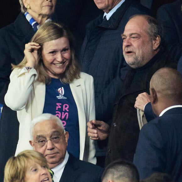 Yaël Braun-Pivet et Eric Dupond-Moretti - People des les tribunes de la coupe du Monde de Rugby France 2023 - Match de quart de finale "France-Afrique du Sud (28-29)" au Stade de France à Saint-Denis 15 octobre 2023. © Moreau-Jacovides/Bestimage