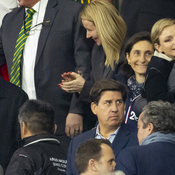 Le prince Albert II de Monaco, la princesse Charlène de Monaco et Amélie Oudéa-Castéra, ministre des Sports et des Jeux olympiques et paralympiques, dans les tribunes lors de la demi-finale de la Coupe du Monde de Rugby opposant l'Angleterre à l'Afrique du Sud (15 - 16) au Stade de France à Saint-Denis, France, le 21 octobre 2023. © Cyril Moreau/Bestimage