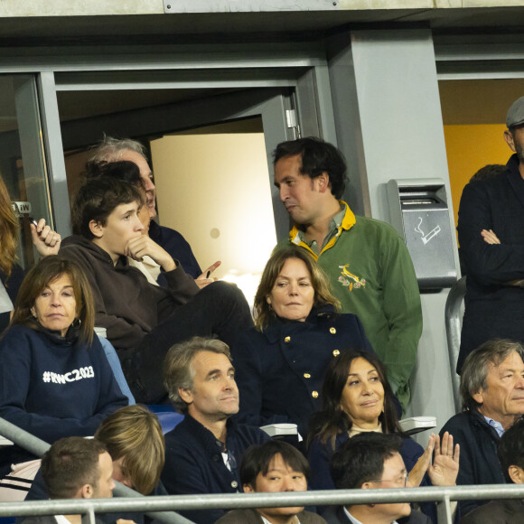 Cendrine Dominguez dans les tribunes lors de la demi-finale de la Coupe du Monde de Rugby opposant l'Angleterre à l'Afrique du Sud (15 - 16) au Stade de France à Saint-Denis, France, le 21 octobre 2023. © Cyril Moreau/Bestimage