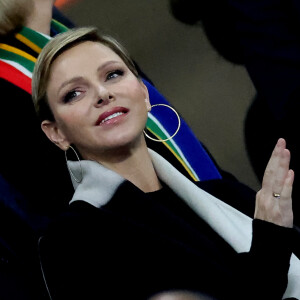 Charlène de Monaco dans les tribunes lors de la demi-finale de la Coupe du Monde de Rugby opposant l'Angleterre à l'Afrique du Sud (15 - 16) au Stade de France à Saint-Denis, France, le 21 octobre 2023. © Dominique Jacovides/Bestimage