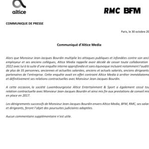 Communiqué de presse d'Altice Médias après les attaques de Jean-Jacques Bourdin à l'encontre de Marc-Olivier Fogiel, directeur de BFMTV.
