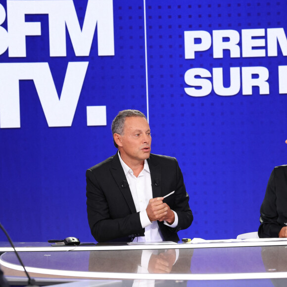 Marc-Olivier Fogiel et Apolline de Malherbe lors de la conférence de presse de rentrée BFM TV. - RMC du groupe Altice France à Paris, France, le 31 août 2023. © Coadic Guirec/Bestimage