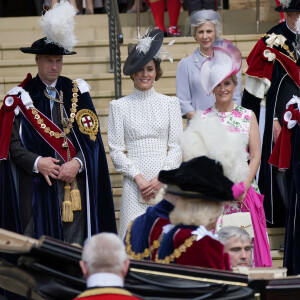 Le roi Charles III d'Angleterre, Camilla Parker Bowles, reine consort d'Angleterre, le prince William, prince de Galles, Catherine (Kate) Middleton, princesse de Galles, le prince Edward, duc d'Edimbourg et Sophie Rhys-Jones, duchesse d'Edimbourg - La famille royale britannique assiste au service annuel de l'ordre de la jarretière à la chapelle St George du château de Windsor, Berkshire, Royaume Uni, le 19 juin 2023. 