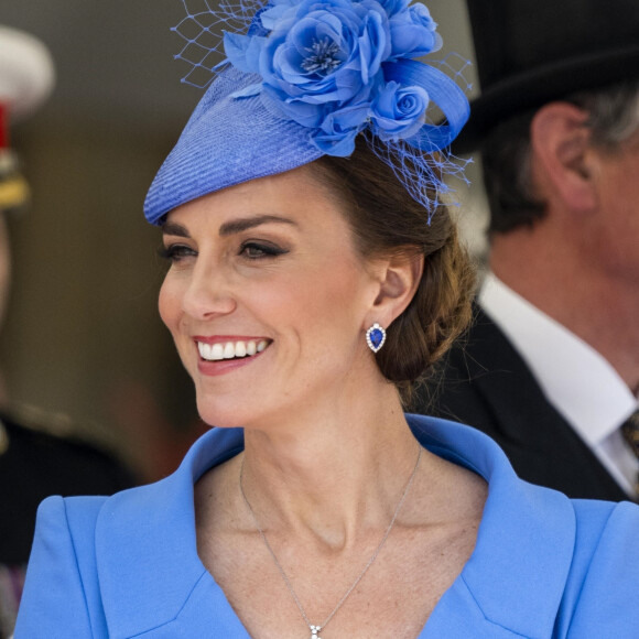 Catherine (Kate) Middleton, duchesse de Cambridge, lors de la cérémonie de l'ordre de la Jarretière à la chapelle Saint-Georges du château de Windsor. Cette année pour la première fois Camilla Parker Bowles, duchesse de Cornouailles, a été investie comme nouveau chevalier de l'ordre de la Jarretière par la reine et a pu participer à la procession au côté du prince Charles. Londres, la 13 juin 2022. 