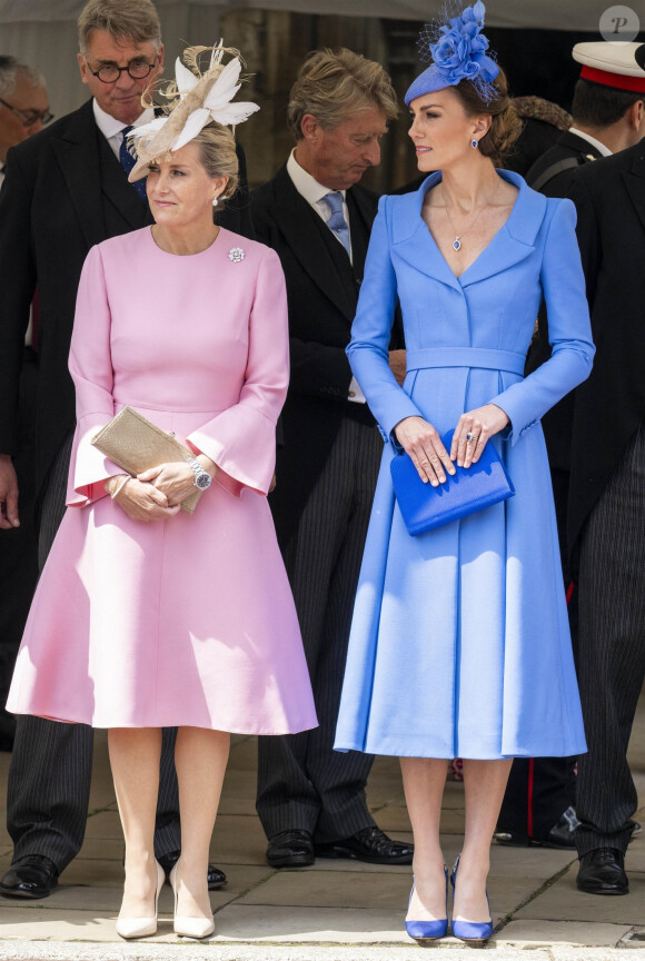 Catherine (Kate) Middleton, duchesse de Cambridge, Sophie Rhys-Jones, comtesse de Wessex, lors de la cérémonie de l'ordre de la Jarretière à la chapelle Saint-Georges du château de Windsor. Londres, la 13 juin 2022. 