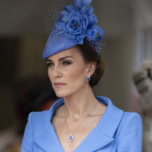Catherine (Kate) Middleton, duchesse de Cambridge, lors de la cérémonie de l'ordre de la Jarretière à la chapelle Saint-Georges du château de Windsor. Cette année pour la première fois Camilla Parker Bowles, duchesse de Cornouailles, a été investie comme nouveau chevalier de l'ordre de la Jarretière par la reine et a pu participer à la procession au côté du prince Charles. Londres, la 13 juin 2022. 