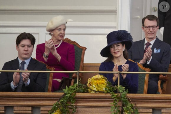La reine Mary, le prince Christian, le prince Joachim, la princesse Benedikte - La famille royale de Danemark lors de la réception donnée à l'occasion du changement de trône au Parlement danois (Folketing) au palais de Christiansborg à Copenhague. Le 15 janvier 2024