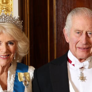 La reine consort Camilla, le roi Charles III d'Angleterre - La famille royale du Royaume Uni lors d'une réception pour les corps diplomatiques au palais de Buckingham à Londres le 5 décembre 2023  King Charles III, Queen Camilla and The Prince and Princess of Wales attend the annual reception for members of the Diplomatic Corps, at Buckingham Palace, London, UK, on the 5th December 2023. Picture by Chris Jackson/WPA-Pool (EDITORIAL USE ONLY. THE IMAGE SHALL NOT BE USED AFTER 0001hrs, TUESDAY 26th DECEMBER. After that date, no further licensing can be made, please remove from your systems and contact Getty Images for any usage)