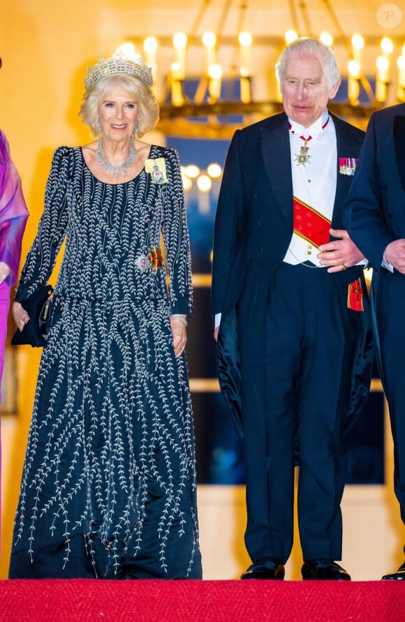 La reine consort Camilla Parker Bowles, le roi Charles III d'Angleterre - Arrivées au dîner d'état donné par le président allemand et sa femme en l'honneur du roi d'Angleterre et de la reine consort, au Château Bellevue à Berlin, à l'occasion du premier voyage officiel du roi d'Angleterre en Europe. Le 29 mars 2023