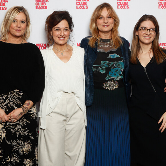 Exclusif - Flavie Flament (trophée d'honneur), Florence Sandis (pdte Media Club Elles), Christine Lidon (pdte SACEM), Aurore Bergé (ministre de l'égalité femmes hommes) - Photocall de la cérémonie des "Trophées Media Club Elles 2024" à la SACEM à Neuilly-sur-Seine, France, le 7 février 2024. © Christophe Clovis/Bestimage