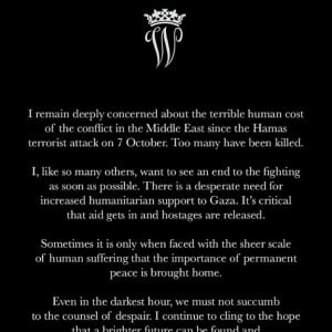 "Parfois, ce n'est que quand on est confronté à la souffrance humaine que l'importance d'une déclaration de paix se fait entendre"
Prise de parole du prince William sur Instagram au sujet du conflit israelo-palestinien