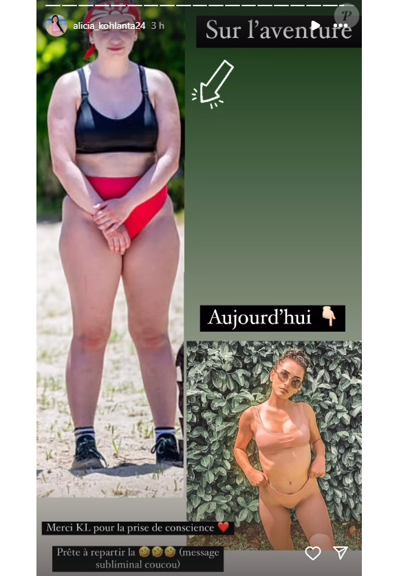 D'ailleurs, en story Instagram le mercredi 21 février, Alicia a témoigné de sa perte de poids fulgurante en postant un avant/après saisissant.
Alicia (Koh-Lanta) partage un avant/après saisissant pour témoigner de sa perte de poids importante. Instagram