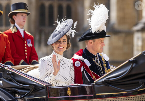 Le prince William, prince de Galles, et Catherine (Kate) Middleton, princesse de Galles, lors du service annuel de l'ordre de la jarretière à la chapelle St George du château de Windsor, le 19 juin 2023. 