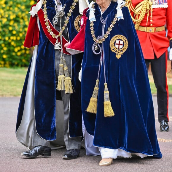 Le roi Charles III d'Angleterre, et Camilla Parker Bowles, reine consort d'Angleterre, lors du service annuel de l'ordre de la jarretière à la chapelle St George du château de Windsor, le 19 juin 2023. 