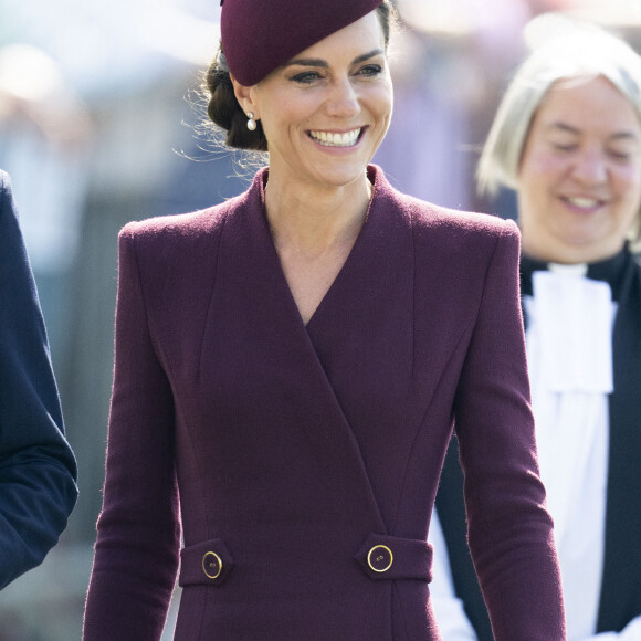 Le prince William, prince de Galles, et Catherine (Kate) Middleton, princesse de Galles assistent à un service religieux marquant le premier anniversaire de la mort de la reine Elizabeth II à la cathédrale St Davids à Haverfordwest dans le Pembrokeshire, pays de Galles, Royaume Uni, le 8 septembre 2023. 