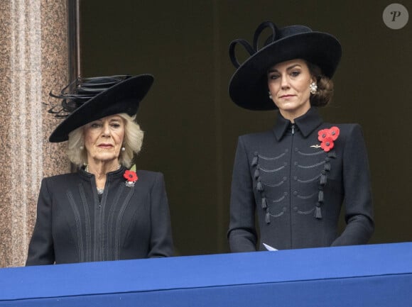 Camilla Parker Bowles, reine consort d'Angleterre, Catherine (Kate) Middleton, princesse de Galles - La famille royale honore les disparus des deux guerres mondiales lors de la cérémonie Remembrance Sunday ( Dimanche du souvenir ) au Cénotaphe à Londres le 12 novembre 2023. 