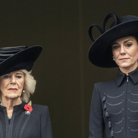 Camilla Parker Bowles, reine consort d'Angleterre, Catherine (Kate) Middleton, princesse de Galles - La famille royale honore les disparus des deux guerres mondiales lors de la cérémonie Remembrance Sunday ( Dimanche du souvenir ) au Cénotaphe à Londres le 12 novembre 2023. 