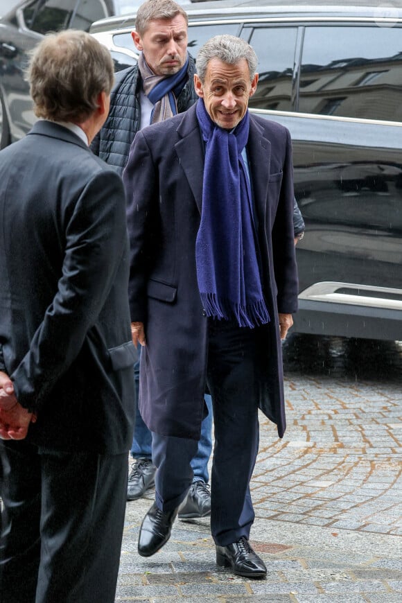 Nicolas Sarkozy - Obsèques de l'ancien ministre de la Culture Frédéric Mitterrand en l'Église Saint-Thomas d'Aquin à Paris. Le 26 mars 2024 © Moreau-Jacovides / Bestimage