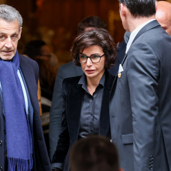 Nicolas Sarkozy et Rachida Dati - Sorties des obsèques de l'ancien ministre de la Culture Frédéric Mitterrand en l'Église Saint-Thomas d'Aquin à Paris. Le 26 mars 2024 © Moreau-Jacovides / Bestimage 