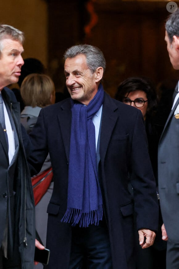 Nicolas Sarkozy - Sorties des obsèques de l'ancien ministre de la Culture Frédéric Mitterrand en l'Église Saint-Thomas d'Aquin à Paris. Le 26 mars 2024 © Moreau-Jacovides / Bestimage 