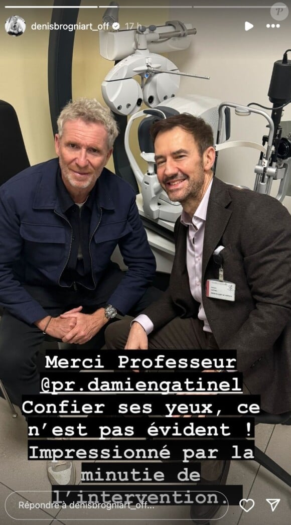 Denis Brogniart s'est immortalisé aux côtés de son chirurgien : "Merci au professeur Damien Gatinel. Confier ses yeux, ce n'est pas évident."
Denis Brogniart immortalisé sur Instagram (Capture)