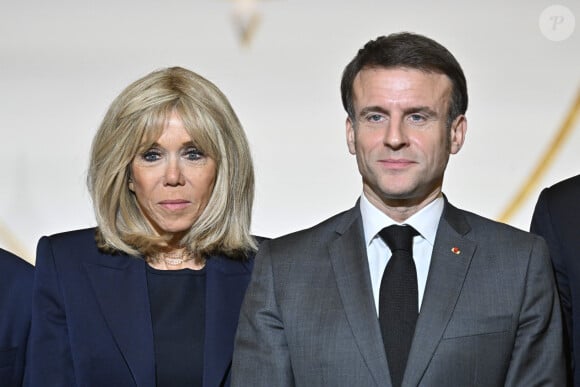 Le président Emmanuel Macron et sa femme Brigitte Macron lors de la réception des 80 ans du CRIF (Conseil représentatif des institutions juives de France) au palais de l'Elysée à Paris le 18 mars 2024. © Eric Tschaen / Pool / Bestimage 