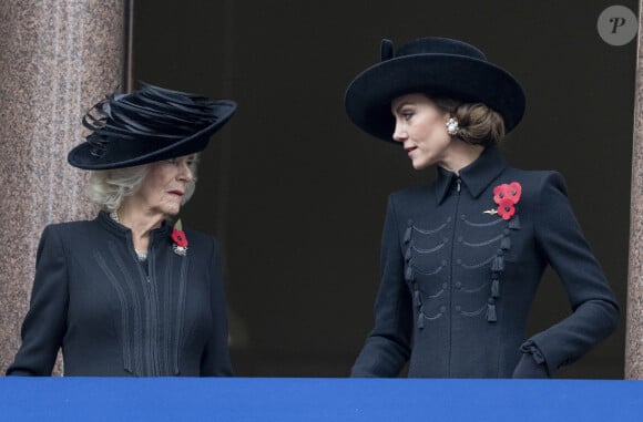 Camilla Parker Bowles, reine consort d'Angleterre, Catherine (Kate) Middleton, princesse de Galles, - La famille royale honore les disparus des deux guerres mondiales lors de la cérémonie Remembrance Sunday ( Dimanche du souvenir ) au Cénotaphe à Londres le 12 novembre 2023. 