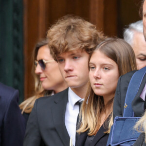 Roschdy Zem, Roman Lavoine, sa cousine Tess Rambaldi (fille de Marie Poniatowski et petite-fille du défunt) , Marie Rambaldi (Poniatowski), une des filles du défunt - Sorties des obsèques du prince Jean-Stanislas Poniatowski en l'Eglise polonaise à Paris, France, le 29 avril 2024. © Jacovides-Moreau/Bestimage