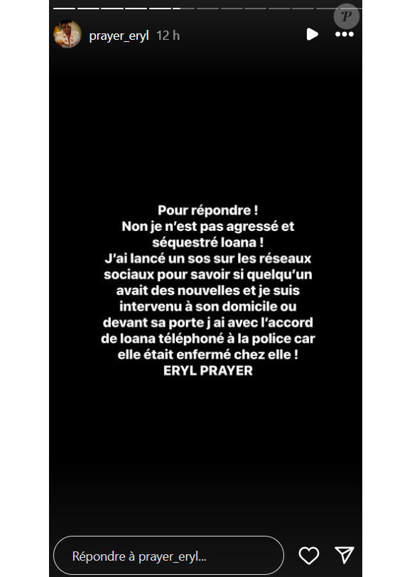 Sur Instagram ce jeudi 2 mai 2024, il précise ce qu'il s'est passé ce soir-là.
Eryl Prayer donne des nouvelles de Loana.