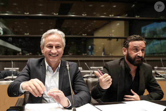 Lionel Stan et Cyril Hanouna - Le producteur de télévision français L.Stan et l'animateur de télévision français C.Hanouna lors d'une séance devant la commission d'enquête parlementaire sur l'attribution des fréquences TV, à l'Assemblée nationale à Paris le le 14 mars 2024. © Stéphane Lemouton / Bestimage