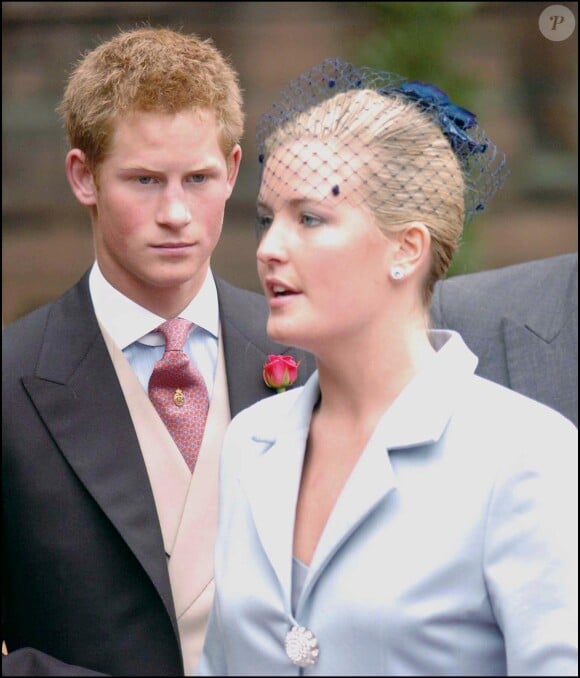 Le prince Harry et la soeur de la mariée Lady Tamara Grosvenor, au mariage de cette dernière et d'Edward van Custem à la cathédrale Chester à Londres, en 2004. Crédit photo : GoffINF.com KGC-42