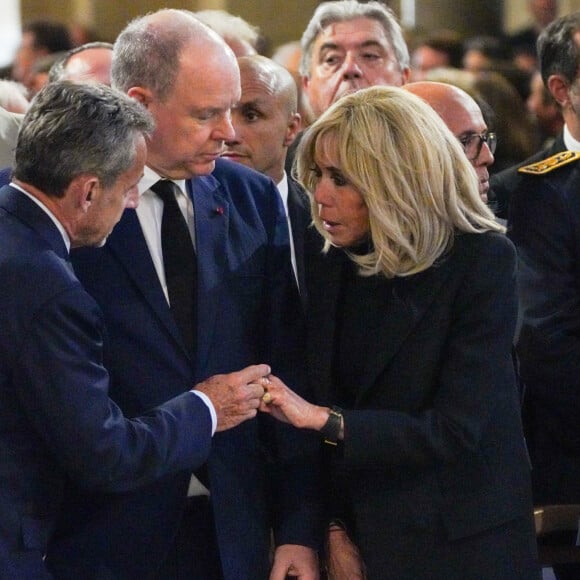 Nicolas Sarkozy, le prince Albert II de Monaco et la Première Dame Brigitte Macron - Obsèques de l'ancien maire de Marseille Jean-Claude Gaudin à la cathédrale Sainte-Marie major de Marseille, France, le 23 mai 2024. © Jean-René Santini/Bestimage 