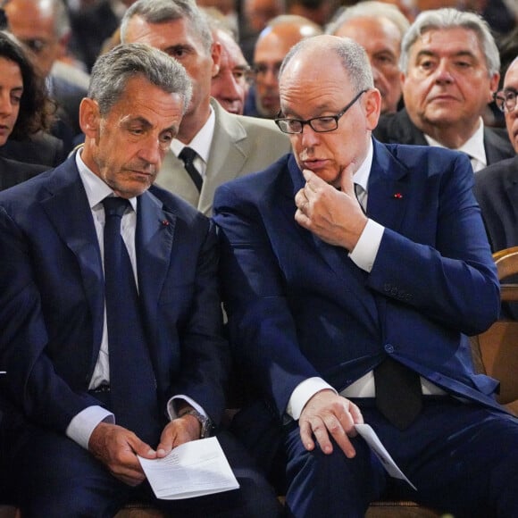 Nicolas Sarkozy, le prince Albert II de Monaco et Éric Ciotti - Obsèques de l'ancien maire de Marseille Jean-Claude Gaudin à la cathédrale Sainte-Marie major de Marseille, France, le 23 mai 2024. © Jean-René Santini/Bestimage 