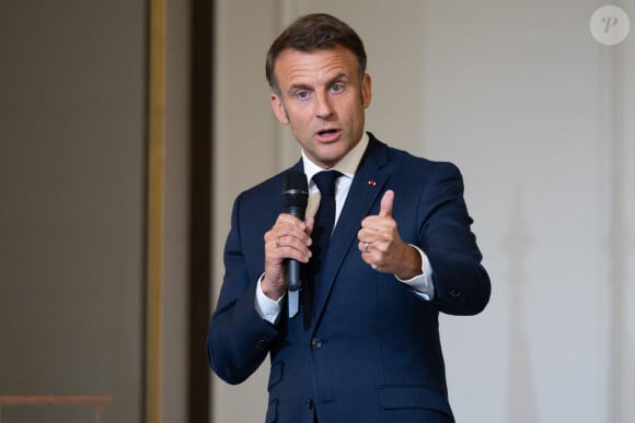 Le président de la République française, Emmanuel Macron - Le Président de la République française E.Macron et la première dame B.Macron remettent les prix "Non au Harcèlement 2024" au palais de l'Elysée à Paris, le 29 mai 2024. © Raphaël Lafargue / Pool / Bestimage 